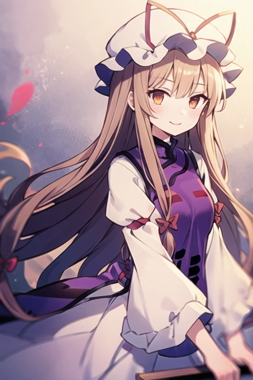 masterpiece, Best Quality, One girl, Alone, Yakumo Purple, Have, Blonde, Long Hair, fan, gap (East), ribbon, Have ribbon, 折りたたみfan, chest, large chest, Tabard, smile, Long sleeve, dress, [Mob Cap, Simple Background, hair bow, Upper Body, Puff sleeves, bow, Orange eyes, View your viewers, Yellow Eyes, Gray background, Juliet Sleeve, white dress, hair ribbon, very Long Hair, Red eyes