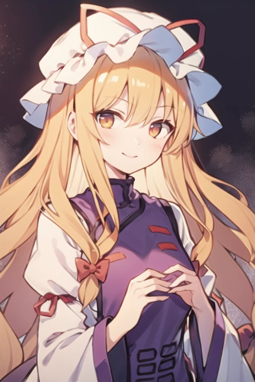 masterpiece, Best Quality, One girl, Alone, Yakumo Purple, Have, Blonde, Long Hair, fan, gap (East), ribbon, Have ribbon, 折りたたみfan, chest, large chest, Tabard, smile, Long sleeve, dress, [Mob Cap, Simple Background, hair bow, Upper Body, Puff sleeves, bow, Orange eyes, View your viewers, Yellow Eyes, Gray background, Juliet Sleeve, white dress, hair ribbon, very Long Hair, Red eyes