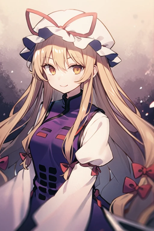 masterpiece, Best Quality, One girl, Alone, Yakumo Purple, Have, Blonde, Long Hair, fan, gap (East), ribbon, Have ribbon, 折りたたみfan, chest, large chest, Tabard, smile, Long sleeve, dress, [Mob Cap, Simple Background, hair bow, Upper Body, Puff sleeves, bow, Orange eyes, View your viewers, Yellow Eyes, Gray background, Juliet Sleeve, white dress, hair ribbon, very Long Hair, Red eyes