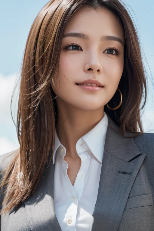 A young woman in a cafe, smiling and enjoying a lunch break, beautiful detailed eyes, beautiful detailed lips, extremely detailed face and hair, delicate skin, nose, long eyelashes, beautiful city landscape through the window, business casual outfit, medium-length hairstyle, realistic lighting, 27 years old, high quality, 8k, masterpiece, photorealistic, detailed, vivid colors, studio lighting