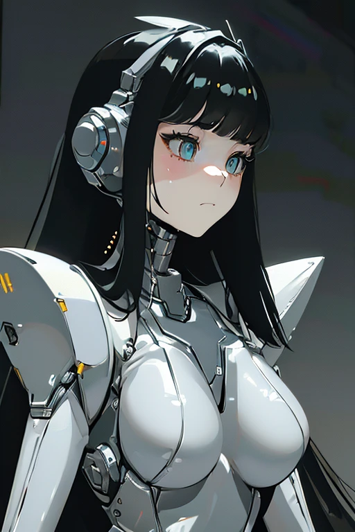 (masterpiece),(Highest quality),(Super detailed),(Best illustrations),(Best Shadow),(Absurd),(Detailed Background),(so beautiful), 16K, 8K, 4K,(Best Shadow),robotization,woman ,big bust,Robot Joint ,Metal skin,Black robot Suit,long hair,a black robot suit that covers the whole body,robot hand,cyber bodysuit,mecha head,(Detailed hands and fingers:1.2),Ball joint robot body,doll joint,beautiful face,beautiful robot girl,robotic eye,robotic hands,(no more human skin),android girl,cyborg girl,F cup, sexy body,(machine made joints:1.2),(machanical limbs:1.1),(blood vessels connected to tubes),(mechanical vertebra attaching to back),(mechanical cervial attaching to neck),F cup,no messy picture style,brainwashing,empty eyes, ((No expression,erasure of emotions)),blanc(NIKKE)