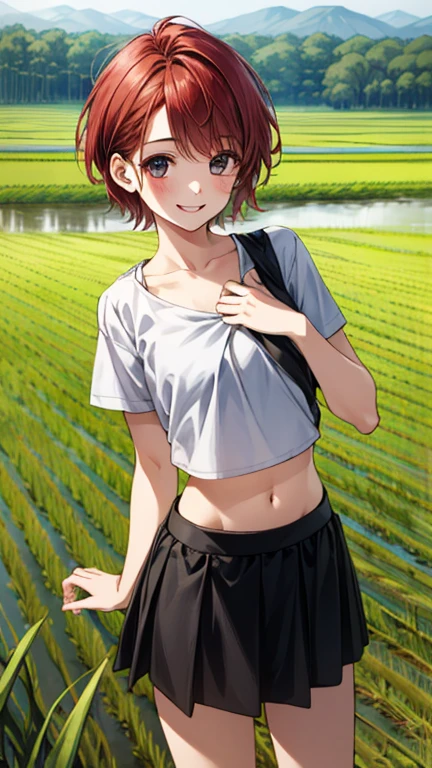 Miyanoshita Satsuki, green eyes, brown hair, braid, long hair, hair bow,T-shirt sheer with sweat Muddy sports bra Muddy sports bikini Rice fields in the countryside Covered in mud Standing in a rice field Bad mood mud droplets