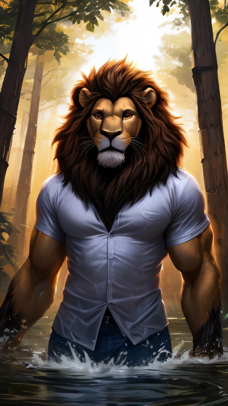 Top quality, ultra-fine illustrations, bathing in water, beautiful refraction of water, shirt soaked in water, transparent clothing, Rich colors, Dreamy, mystical, erotic, dynamic and intricately defined muscular physique(In the forest where the stream flows, Backlighting)(beautiful face and eyes with great detail)absurdres, perfect anatomy((angelic cute 1boy))(Furry, Solo focus)(furry anthro:1.7)(((furry body, Facial features of male lion, Features of the male lion body)))(((muzzle of the male lion, very detailed furry body of male lion))))full body, Smile (portrait, dynamic pose),
