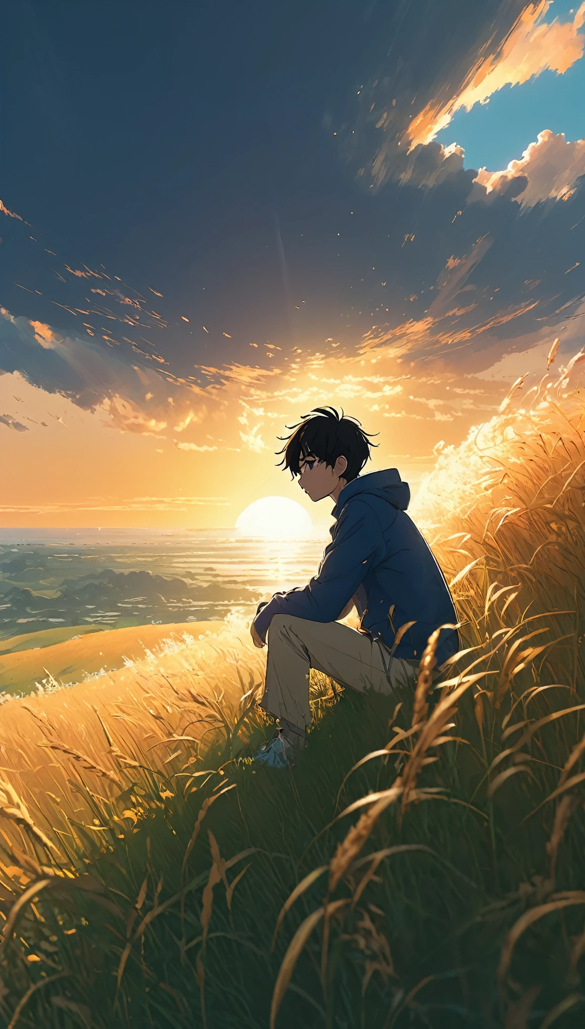 (minimalism: 1.4), a boy sitting in an autumn meadow tall grasses, makoto shinkai cyril rolando, anime art 4k wallpaper, anime art 4k wallpaper, animated background, anime art 8K wallpaper, art anime background, anime landscape wallpaper, amazing wallpaper, HD wallpaper, 4k anime wallpaper, 4k anime wallpaper, Aries Moross art, Bob Byerley art, AshleyWoodArtAI, rainstorm greg rutkowski Hurricane Max Clouds Dauthendey, by James Gurney, Stormy day, Skies Greyish-white stormy storms, sunset Stylized storm from Studio Ghibli, Miyazaki, Makoto Shinkai!!, Anime movie background Best quality SeaArt HD