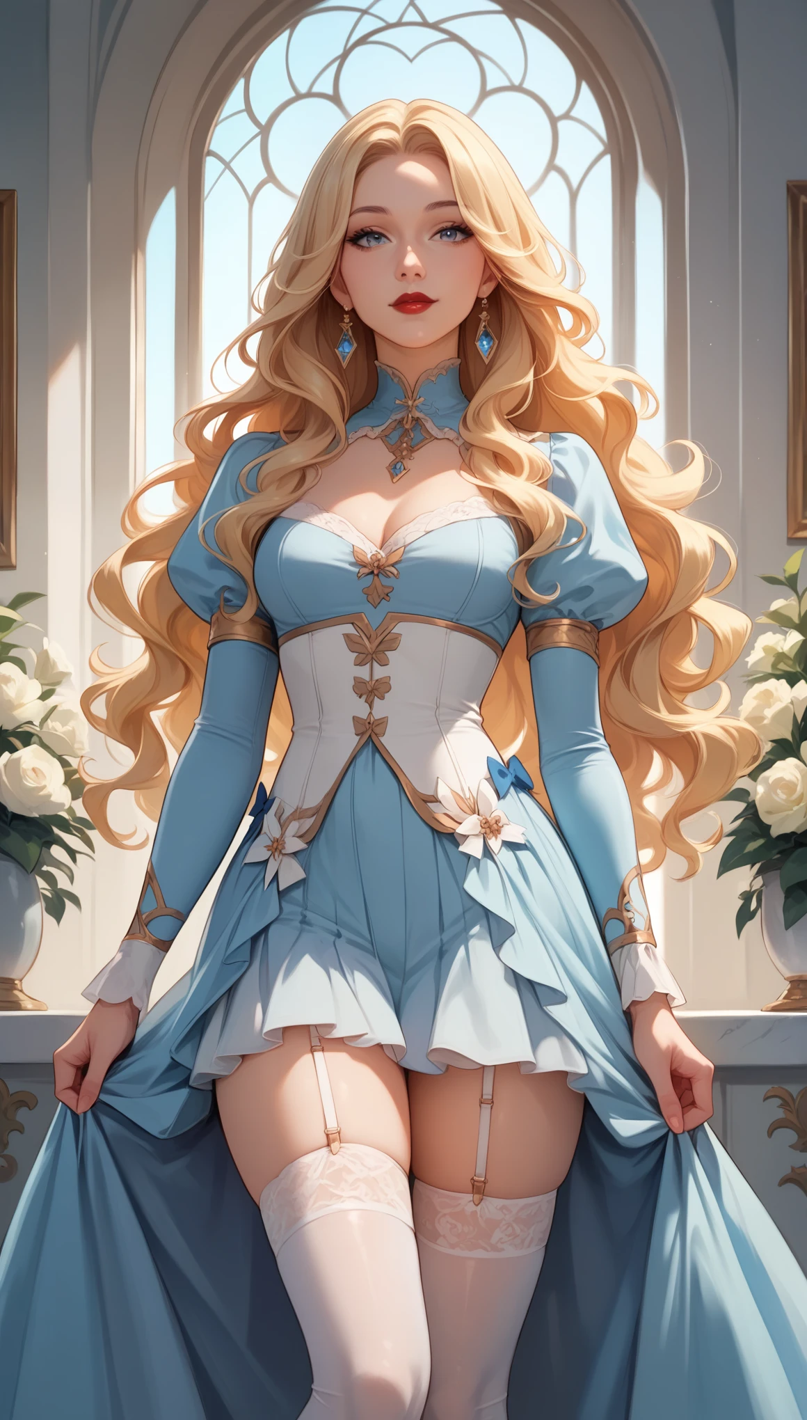 Izayoi Seishin artstyle, (score_9, score_8_up, score_7_up), (best quality, masterpiece),perfect anatomy,(aesthetic,very aesthetic),official style, (ultra-high resolution), 1girl, long wavy blonde hair, light blue outfit adorned with bows, white stockings, red lips, playful and cute appearance