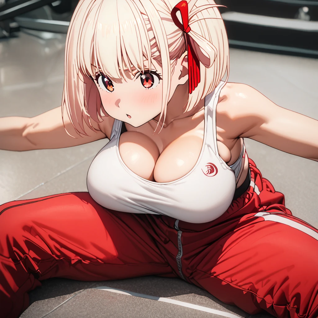 chisato nishikigi, short hair, bangs, blonde hair, red eyes, hair ribbon, one side up, bob cut, large breasts, white sports bra, red short pants, breast squeeze, sitting floor, spread legs, bend forward, gym, solo, best quality, ultra-detailed, high resolution, 8K, 