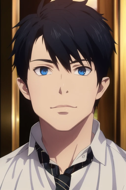 A photorealistic, highly detailed and masterful portrait of a young boy with black hair and blue eyes, looking directly at the viewer, (best quality, 8k, highres, masterpiece:1.2), ultra-detailed, realistic, photo-realistic:1.37, HDR, studio lighting, vivid colors, sharp focus, physically-based rendering, Rin Okumura, male focus, solo