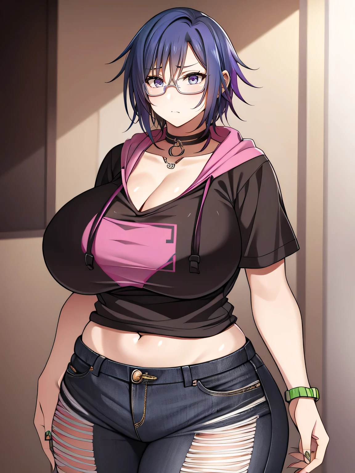 （（（1 mature woman）））、The most beautiful and sexy punk rock girls, rainbow colored hair, yellow eyes, wearing a hoodie, Graphic T-shirt and ripped skinny jeans, huge huge tits, showing cleavage, lots of tattoos and piercings, background doodle elements, perfect masterpiece, high quality, High resolution