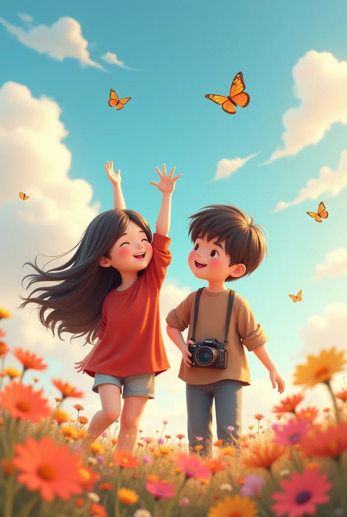 (Masterpiece, best quality) Two children sitting in a hot air balloon flying in the sky, smiling, thin facial features, sun, clear blue sky and white clouds, rainbow, meadow, summer, soap bubbles -V6 --auto