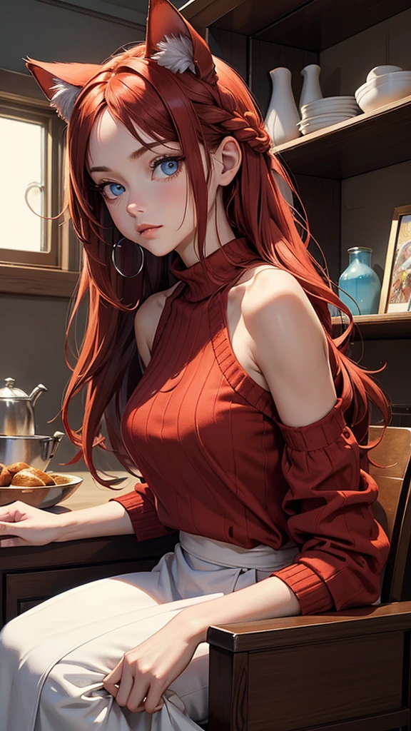 (high resolution, upper body, soft skin:1.2),(best illustration,masterpiece:1.2),ultra-detailed,[(cat ears , red inside:1.2, red braided hair, blue cat eyes),vivid colors,sharp focus, yellow off the shoulder sweater dress, kitchen background,  low lighting, seated, with one or both arms reaching gracefully overhead. Her body can be slightly curved, emphasizing her length and poise. The opposite arm can rest on her hip or hang loosely by her side to balance the composition. The head may be slightly tilted to match the reach, drawing attention to the upper body’s graceful movement.