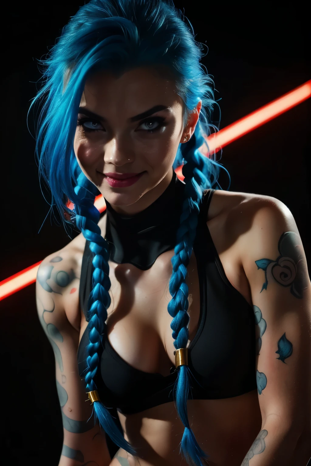 Hyper realistic super detailed Jinx cosplay ,((  girl, )) , Very detailed, (hyper realistic: 1.4), ((in dynamic fight pose)) , ((angry face)) , twin braids, long hair, blue hair, red eyes, (((blue tattoo on arm))) , ((skinny body)) , (((psycho face, creppy smiling) )), arcane style. (( grafitti background, cinematic neon lighting)).