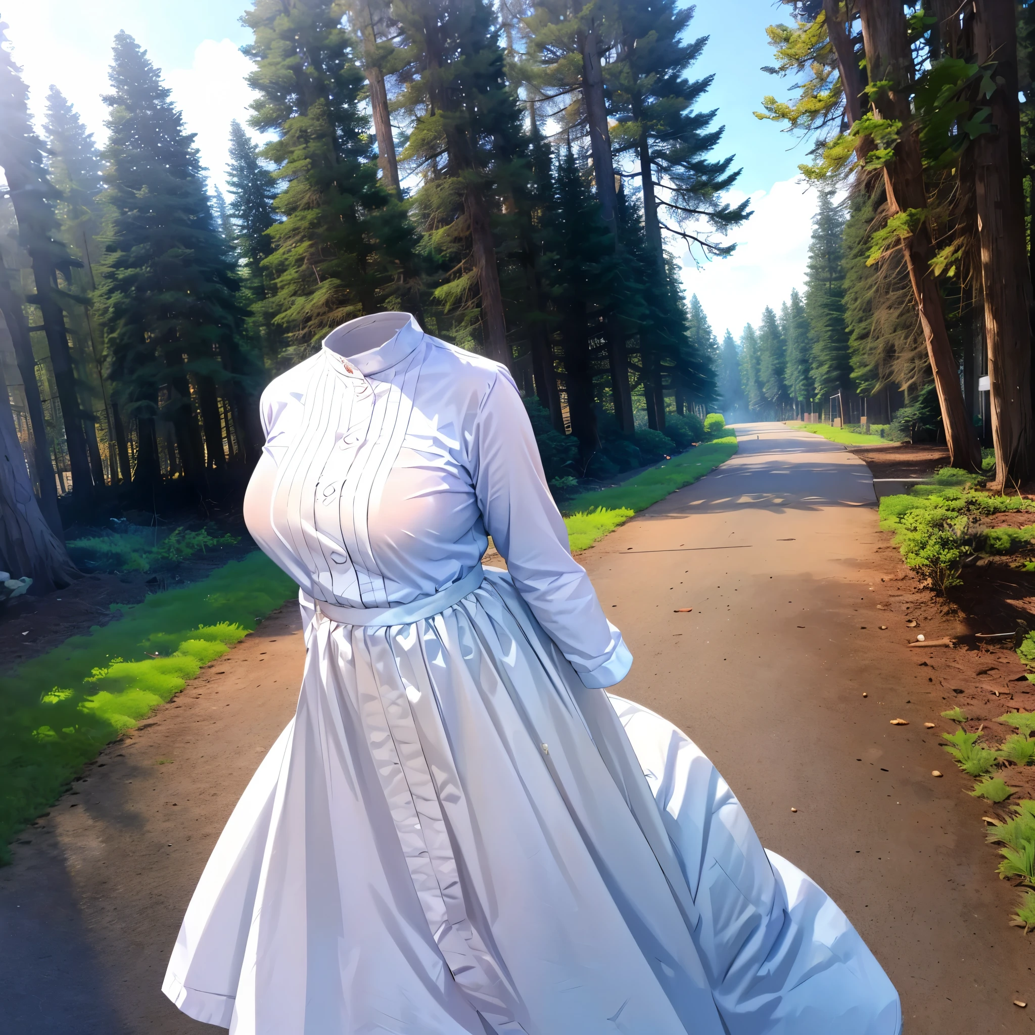 1girl, (invisible:1.5, no humans:1.5, headless:1.5, faceless:1.5), aafern, large breasts, long dress, white dress, black robe, long sleeves, (close-up shot of breasts), (8k, RAW photo, best quality, masterpiece:1.2), (realistic, photo-realistic:1.37), photon mapping, radiosity, ((Hasselblad photography)), physically-based rendering, leaning forward, in forest, beautiful sunset