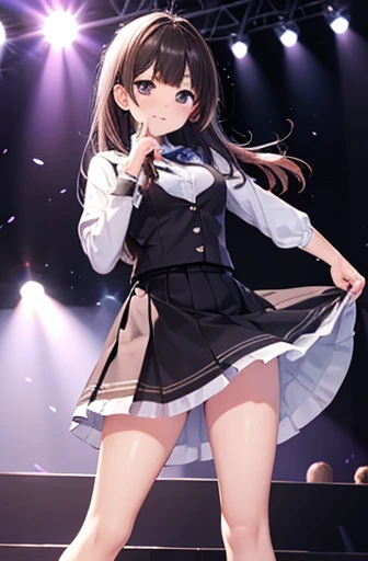 best quality,1girl,((little girl,small breasts,loli:1.3)),curvy,((orgasm,blush,sobbing / tears:1.1)),angry,sweat,Arisu Tachibana,black hair, long hair,hair ribbon, ((blue dress,mini skirt,lift skirt,upskirt,kneehighs:1.1)),crotchAngle,head out of frame,lower body,((((have to pee)))),covering crotch,(((hand between legs))),knees together feet apart,Pee,Urinating,wet,((((crowd,stage)))),mike,full body