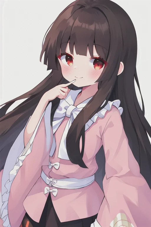 Best Quality, masterpiece, High resolution, Alone, {Penglai Mountain_Kaguya_East:1.15}, length_hair, black_hair, very_length_hair, bow, smile, 前hair, red_eye, brown_eye, One girl, shirt, closure_mouth, frills, Watching_in_Viewers, pink_shirt, bowtie, princess_cut, dull_前hair, length_sleeves, Simple_background, upper_body, wide_sleeves, white_bow, black_eye, Japanese_Clothes, white_background, white_bowtie