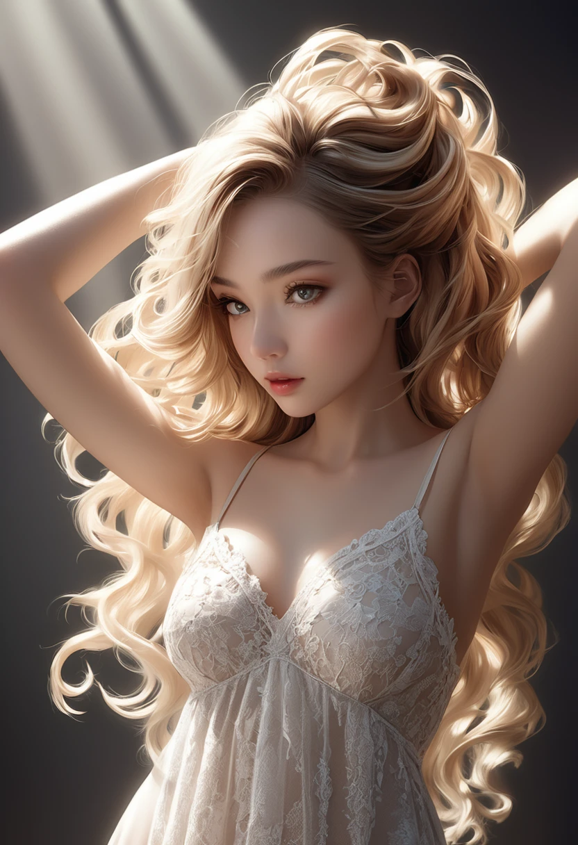 (((White Background 2.0)))、((High key portrait 1.3))、Professional Lighting、(((Professional Lighting 1.5)))、(Translucent skin texture))、Beautiful Skin、Fair skin、(((Whitening 1.5)))、((White off-shoulder dress 1.5))、(((High leg underwear 1.5)))、Slim body type、(((ファッションMagazine Cover 1.5)))、(((Magazine Cover 1.5)))、Blonde、Wavy Hair、Wedding dress