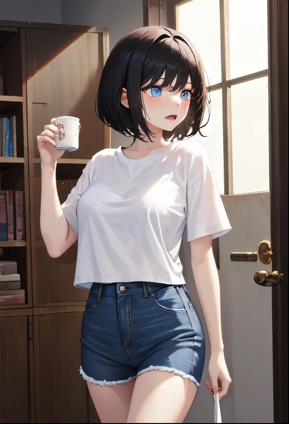 Chinese description：1female(19 years old)，Short hair，Black hair，Blue Eyes，White T-shirt and light blue jeans，（grace，charming）cry，stroll，In the room，night