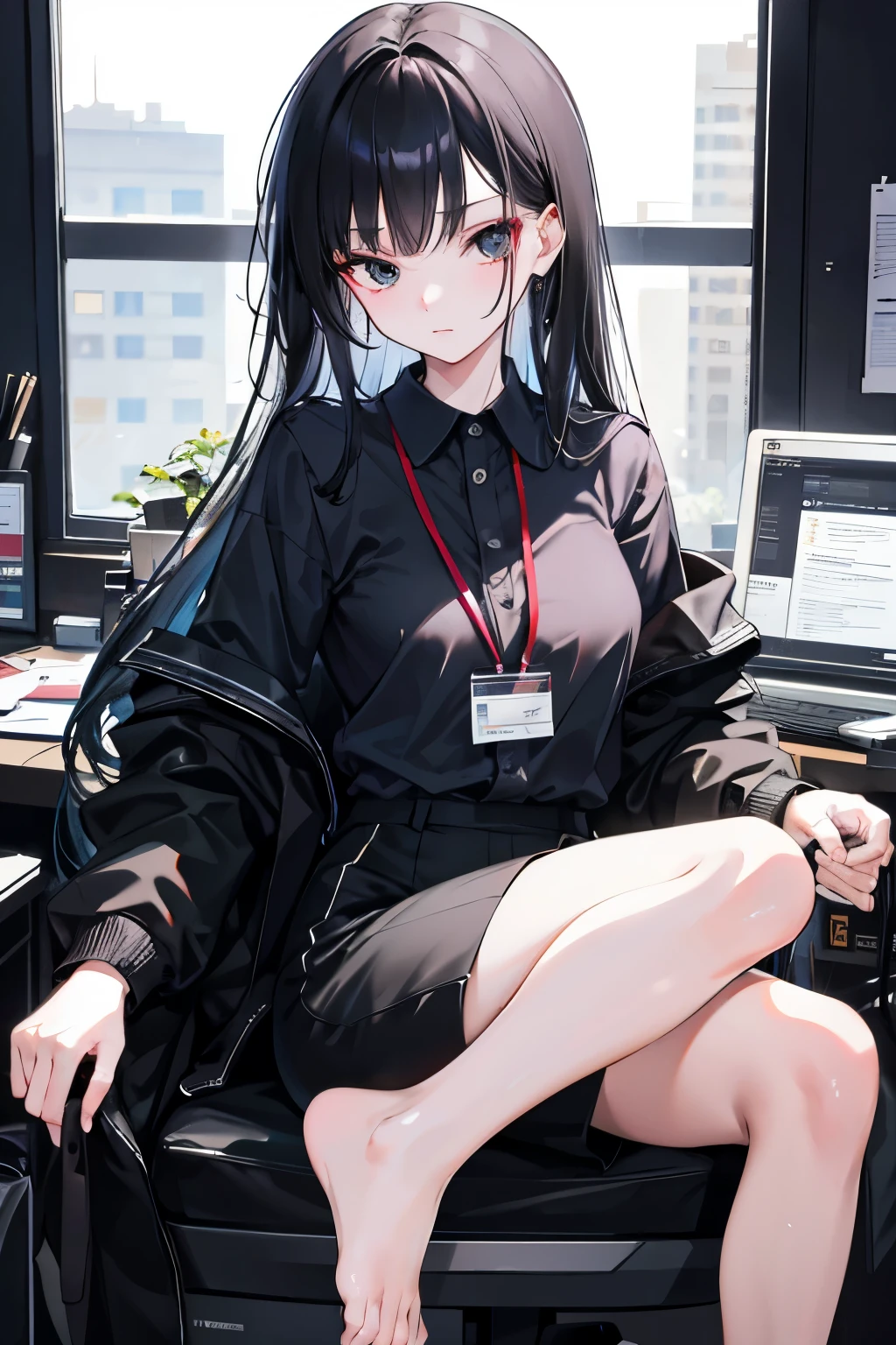 1 woman, long black hair, (hair color: black), sitting at a desk, (desk type: desk), (expression: resignation and worry), there is a computer and many documents on the desk, (computer: desktop computer), (documents: stacked files), (age: adult), (clothing: professional wear), (background: office environment), (time of day: noon), (weather: sunny), (sun: shining brightly), (lighting: natural), (mood: gloomy), (Atmosphere: Work Environment), (Environment: Office Supplies, Office Chair), (Responsibility: Obvious), (Concentration: Deep Thinking), (Environment: Enterprise), (Detail: Organized Workspace), (Composition: Center), (Message Conveyed: Work-Related Challenges), (Inner Struggle: Painted on the Face), (Background: Professional Environment), (Weight of Responsibility: Visible), (Hope to Solve: Bottom), Worry, Depressed, Head Down, Sigh