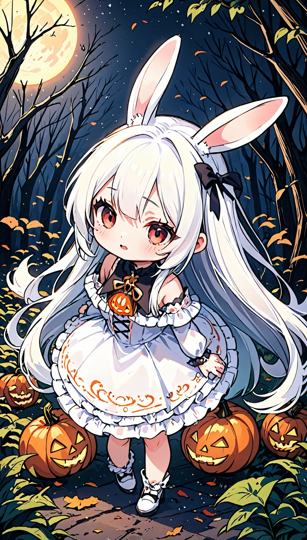 
(solo:1.2),1girl\((chibi:1.6),cute,kawaii,,(white hair:1.7),(very long hair:1.7),bangs,(ear\(fluffy white bunny-ear\):1.4),(1 bunny tail:1.3),(red eye),big eye,beautiful shiny eye,skin color white,big hairbow,(white frilled dress:1.3),breast, (wearing jack-o'-lantern:1.4,evil smile)\), BREAK ,background\(dark woods, dead trees, horror mood, Halloween night\), BREAK ,quality\(masterpiece, best quality,8k,wallpaper of extremely detailed CG unit, high resolution, top-quality, top-quality real texture skin, hyper realistic, increase the resolution, RAW photos, best quality, highly detailed, the wallpaper,golden ratio,high saturation realism, vibrant colors, dramatic lighting, persuasive storytelling, atmospheric scenery, captivating visuals, intricate details, strong emotions,dreamlike world\),(from above:1.3),landscape