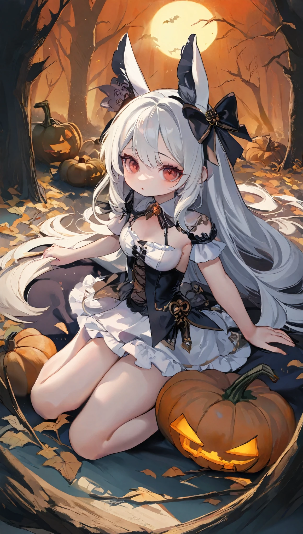 
(solo:1.2),1girl\((chibi:1.6),cute,kawaii,small kid,(white hair:1.7),(very long hair:1.7),bangs,(ear\(fluffy white bunny-ear\):1.4),(1 bunny tail:1.3),(red eye),big eye,beautiful shiny eye,skin color white,big hairbow,(white frilled dress:1.3),breast, (wearing jack-o'-lantern headgear:1.4)\), BREAK ,background\(dark woods, dead trees, horror mood, Halloween night\), quality\(8k,wallpaper of extremely detailed CG unit, ​masterpiece,hight resolution,top-quality,top-quality real texture skin,hyper realisitic,increase the resolution,RAW photos,best qualtiy,highly detailed,the wallpaper,golden ratio\), BREAK , BREAK ,quality\(masterpiece, best quality,8k,wallpaper of extremely detailed CG unit, high resolution, top-quality, top-quality real texture skin, hyper realistic, increase the resolution, RAW photos, best quality, highly detailed, the wallpaper,golden ratio,high saturation realism, vibrant colors, dramatic lighting, persuasive storytelling, atmospheric scenery, captivating visuals, intricate details, strong emotions,dreamlike world\)