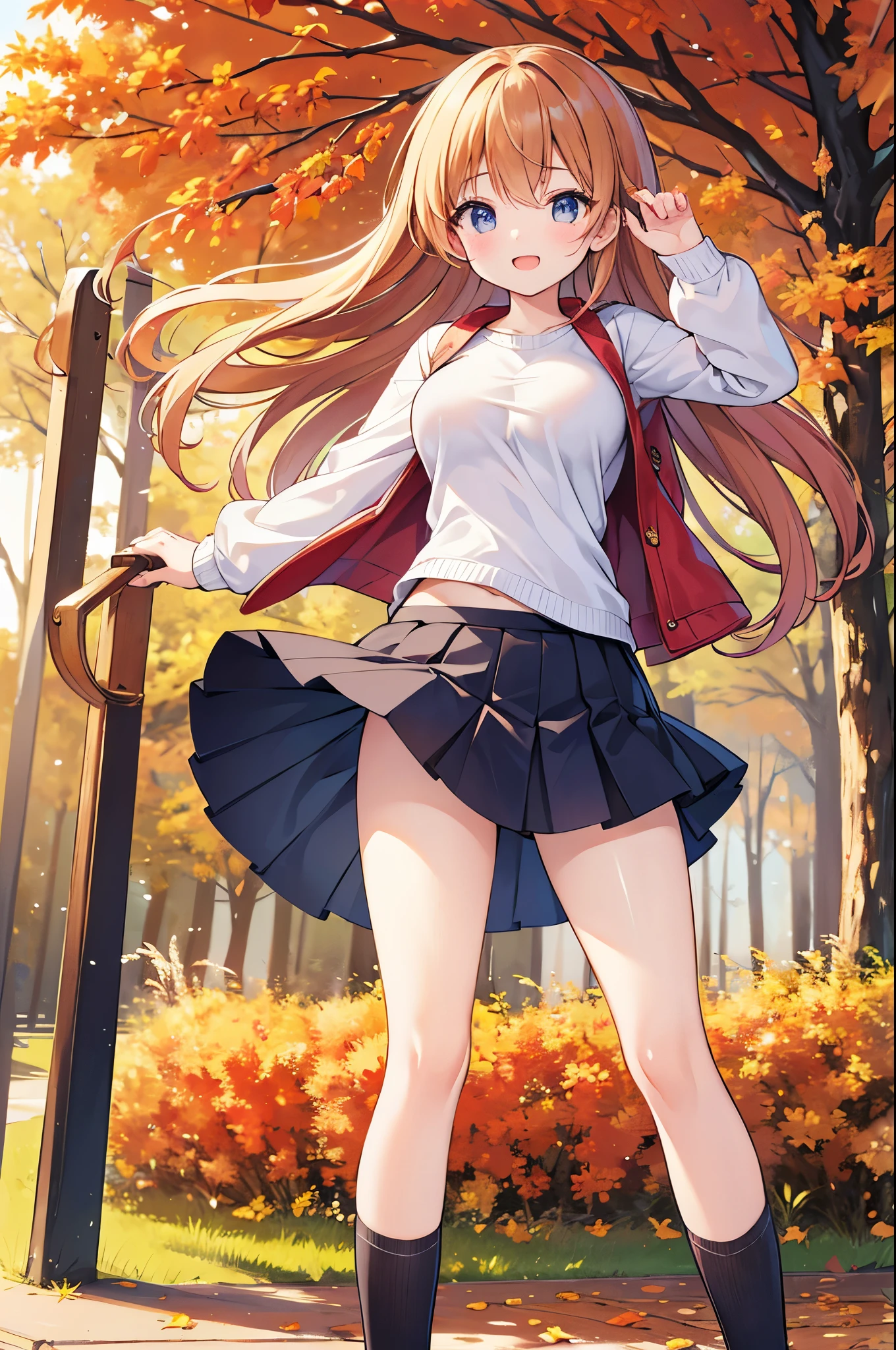 Super Best masterpiece, 16k, Highest quality, Ultra-high resolution, Cute Girls, Beautiful girl in great detail, Very accurate body structure, Very precise body movements, Ample breasts, Autumn casual outfit, The skirt flutters in the wind, Autumn scenery, Going out, Feeling excited, It&#39;s a nice day today, It seems like something good is going to happen