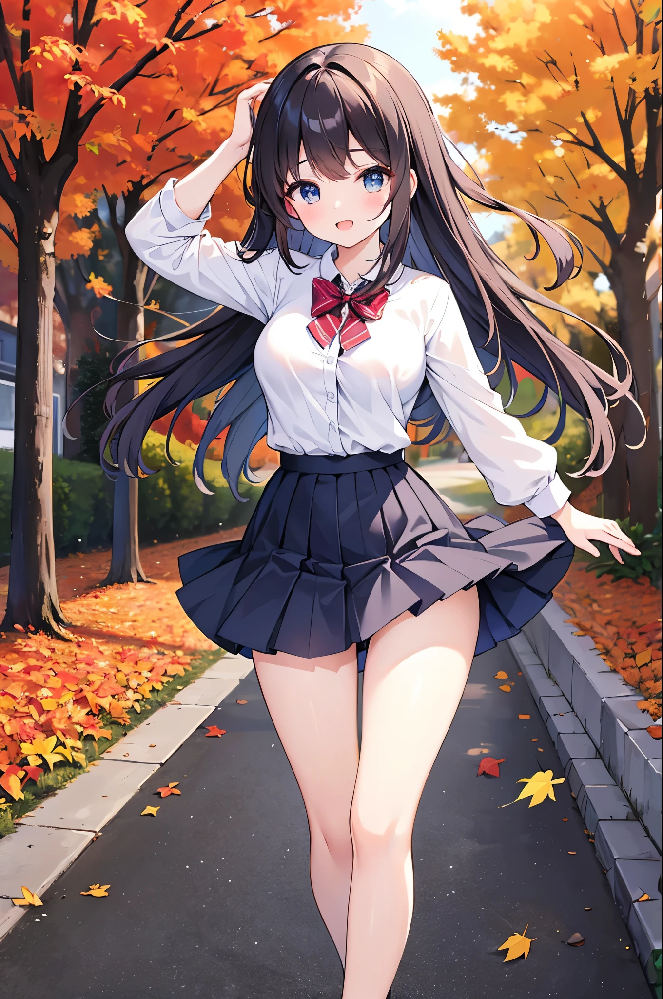 Super Best masterpiece, 16k, Highest quality, Ultra-high resolution, Cute Girls, Beautiful girl in great detail, Very accurate body structure, Very precise body movements, Ample breasts, Autumn casual outfit, The skirt flutters in the wind, Autumn scenery, Going out, Feeling excited, It&#39;s a nice day today, It seems like something good is going to happen