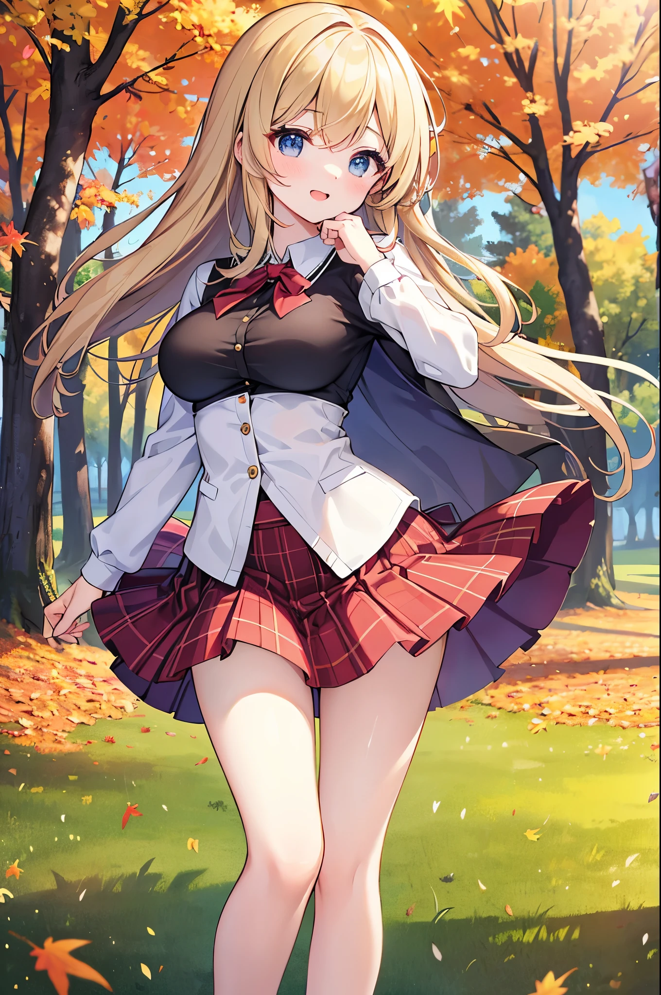 Super Best masterpiece, 16k, Highest quality, Ultra-high resolution, Cute Girls, Beautiful girl in great detail, Very accurate body structure, Very precise body movements, Ample breasts, Autumn casual outfit, The skirt flutters in the wind, Autumn scenery, Going out, Feeling excited, It&#39;s a nice day today, It seems like something good is going to happen