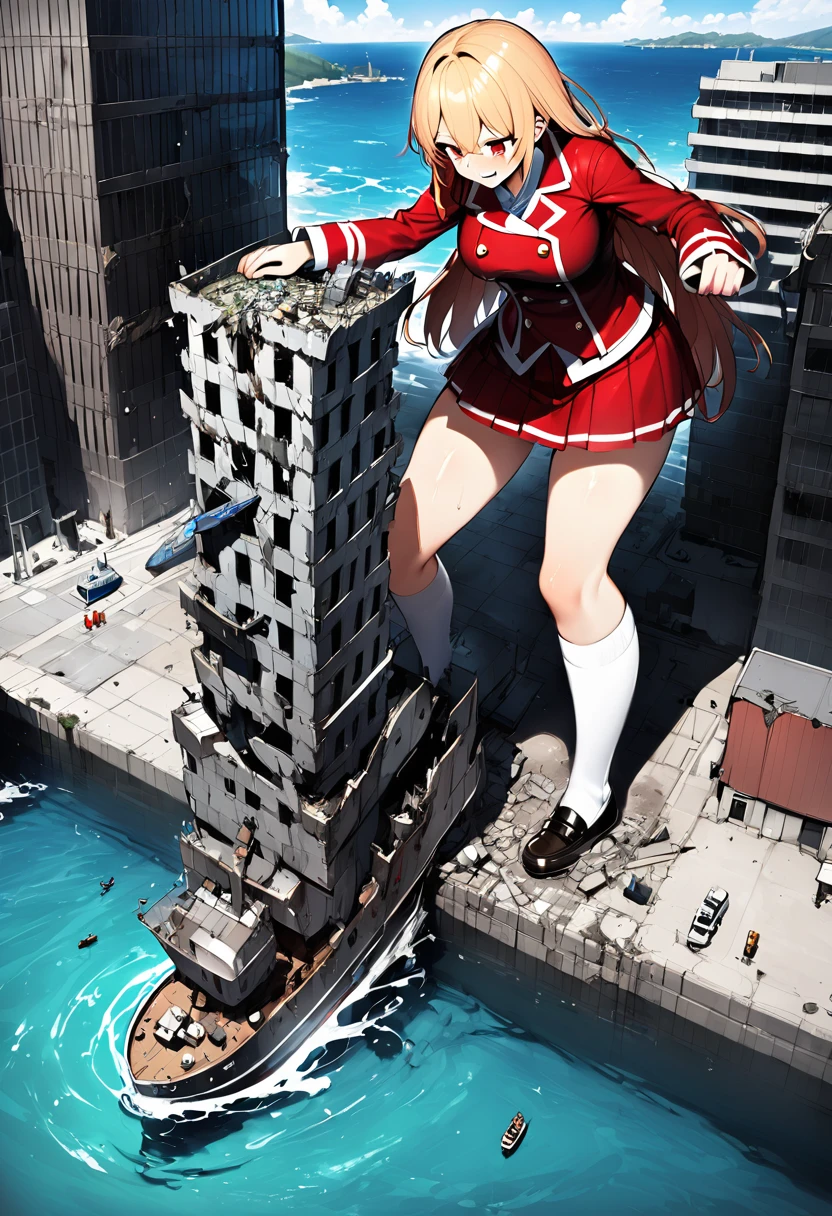 huge，Teenage girl，short skirt，teasing，A giant girl taller than a building，Standing in the sea，Wet，The sea water is not up to my calves，Wearing white knee socks，Destroy the port，Miniature Port，lifting one&#39;s feet，Ready to stampede，Toyed around，low angle of view，shrouded in the villain，Lifted up the skirt，arrogant