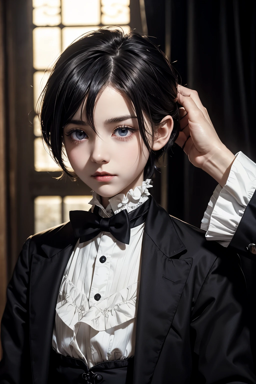 an aristocratic ((Ciel Phantomhive)) ((childe)) (()), big dark eyes, short hair, black hair, very white skin, Her dark hair falls softly over her forehead, carefully combed, He wears a Victorian earl's suit: Black jacket perfectly fitted to her figure, with flaps, dark buttons; Below, a greyish shirt with ruffles on the chest and cuffs. A decorative brooch on her neck, with a faintly glowing gem, anime style