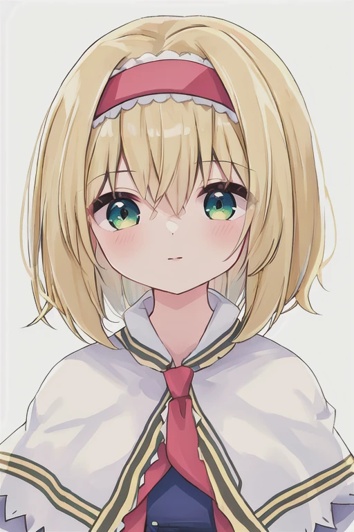 Best Quality, masterpiece, High resolution, Alone, {Alice_marginroid_East:1.15}, blonde_hair, short_hair, hairband, green_eye, Capelet, One girl, Watching_in_Viewers, Simple_background, Portrait, upper_body, white_background