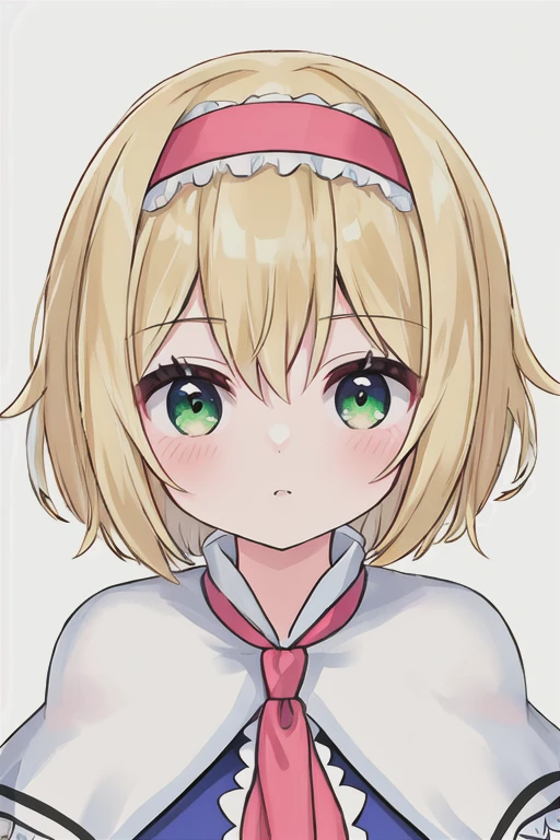 Best Quality, masterpiece, High resolution, Alone, {Alice_marginroid_East:1.15}, blonde_hair, short_hair, hairband, green_eye, Capelet, One girl, Watching_in_Viewers, Simple_background, Portrait, upper_body, white_background