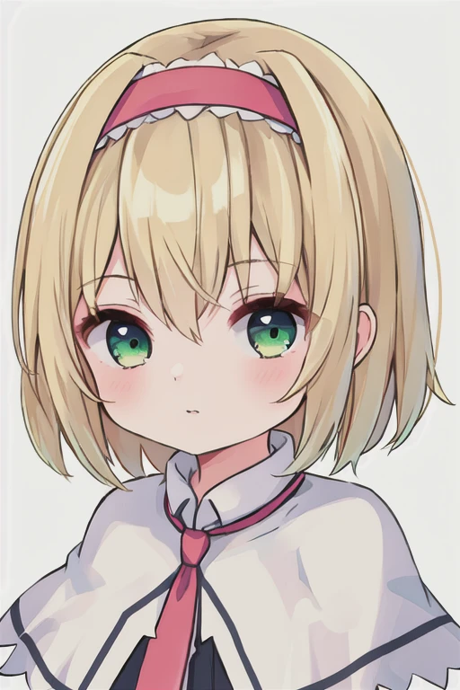 Best Quality, masterpiece, High resolution, Alone, {Alice_marginroid_East:1.15}, blonde_hair, short_hair, hairband, green_eye, Capelet, One girl, Watching_in_Viewers, Simple_background, Portrait, upper_body, white_background