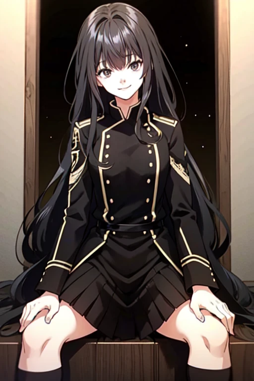 kathyln, 1girl, solo, long hair, smile, black hair, long sleeves, hair between eyes, sitting, closed mouth, belt, uniform, black eyes, coat, military, military uniform, buttons, black coat, skirt lift