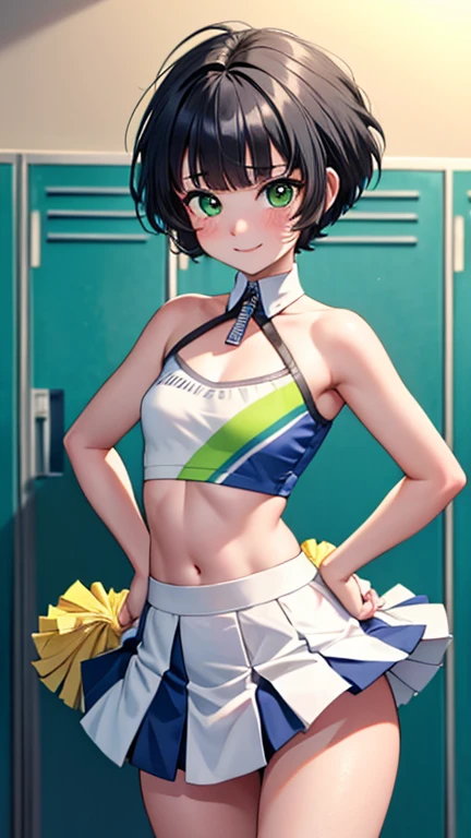 (8k),(masterpiece),(Japanese),(1girl),((ppgzkor)),((wearing cheerleader outfit)),From the front, upper body, Cowboy shot, close up, smile,cute,Innocent,Kind eyes, Flat chest, (green eyes, bright pupil, black hair, short hair), locker room, indoor, vivid colors, green crop top, skirt, miniskirt, holding pom poms, pom pom \(cheerleading\), 