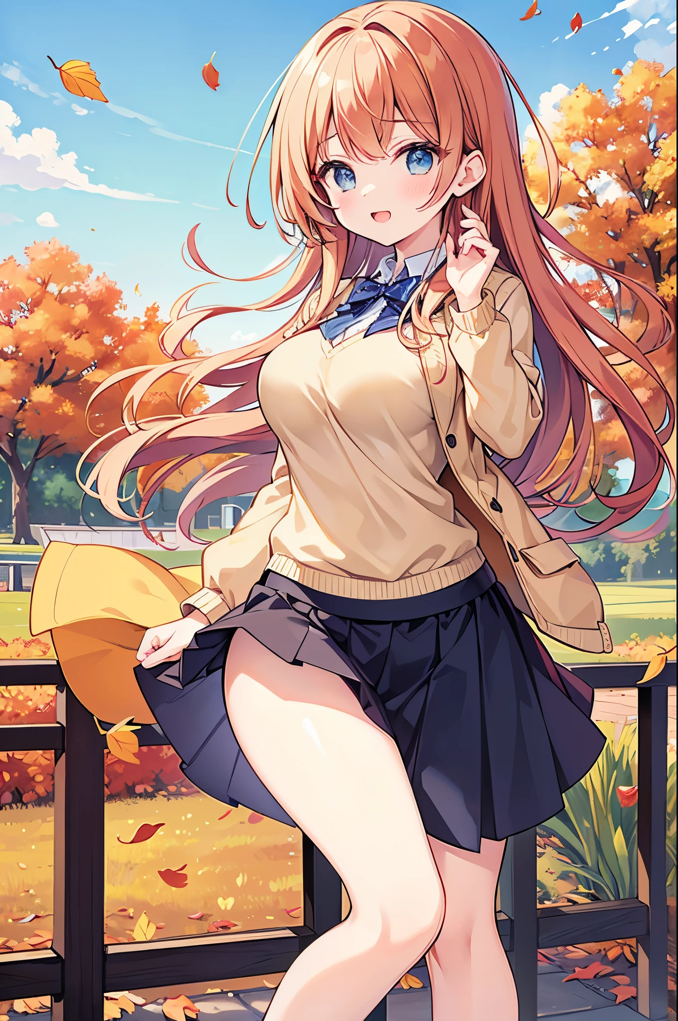 Super Best masterpiece, 16k, Highest quality, Ultra-high resolution, Cute Girls, Beautiful girl in great detail, Very accurate body structure, Very precise body movements, Ample breasts, Autumn casual outfit, The skirt flutters in the wind, Autumn scenery, Going out, Feeling excited, It&#39;s a nice day today, It seems like something good is going to happen