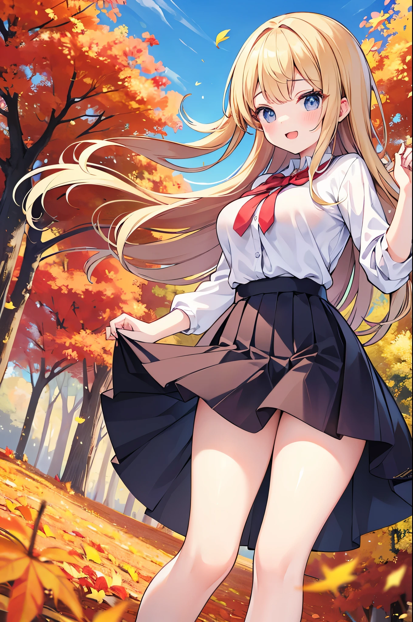 Super Best masterpiece, 16k, Highest quality, Ultra-high resolution, Cute Girls, Beautiful girl in great detail, Very accurate body structure, Very precise body movements, Ample breasts, Autumn casual outfit, The skirt flutters in the wind, Autumn scenery, Going out, Feeling excited, It&#39;s a nice day today, It seems like something good is going to happen