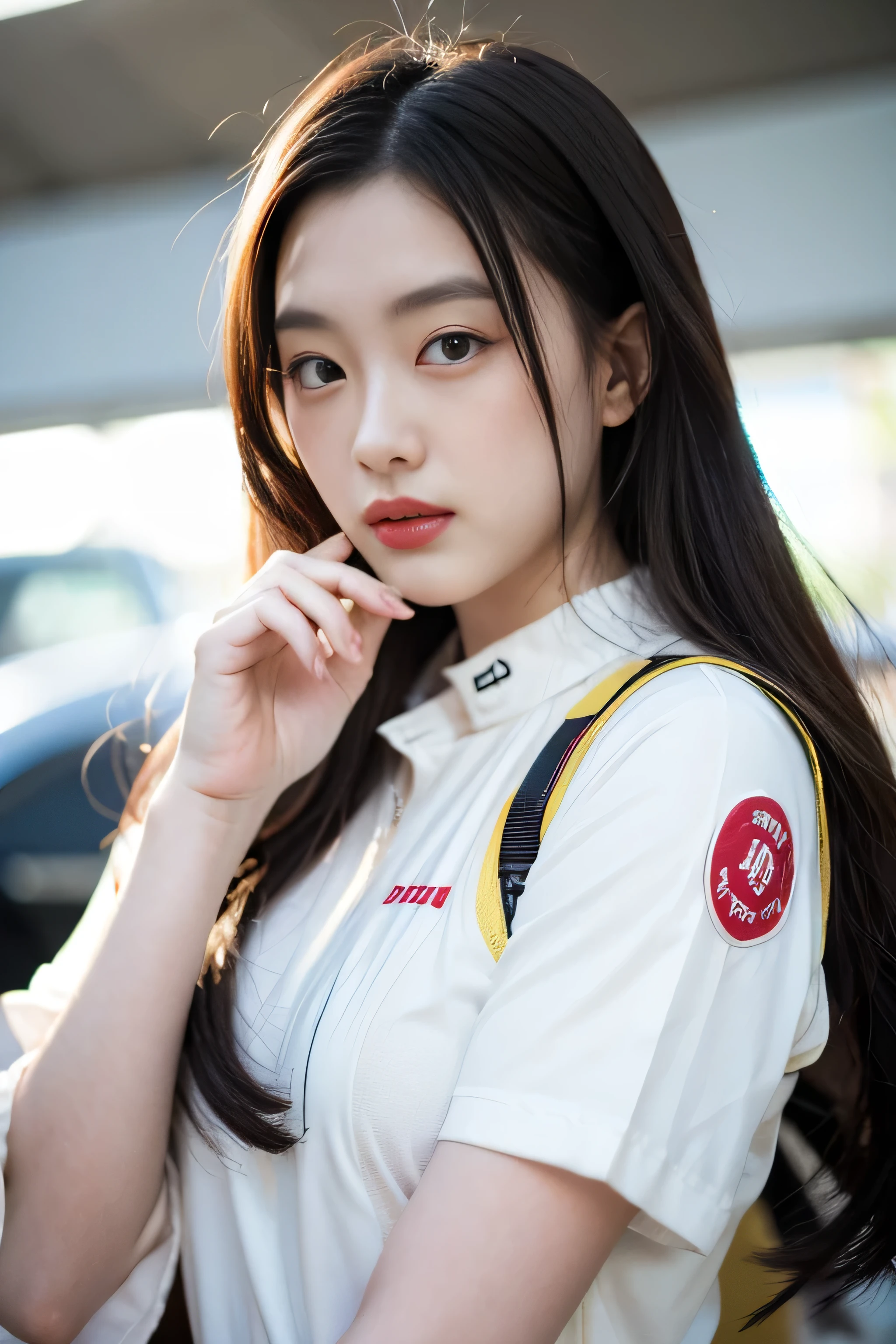a beautiful woman in a white racing suit ,long brown hair, japanese drift car, wave a hand at the camera, fantasy lut, race track, small straight nose, video, promotional media, four stories high, youtube video, sports broadcast, realistic, good lighting, professional Photography, Photorealistic, detailed, RAW, analog, sharp focus, 8k, HD, DSLR, high quality, Porta 160 color, Fujifilm XT3, award winning, masterpiece,good hand,good finger,good nail, Lü Ji, trending on cg society, rococo, jia ruan, beautiful asian woman , beautiful asian woman,realistic,sharp focus,contrast,super extremely ultra detailed.