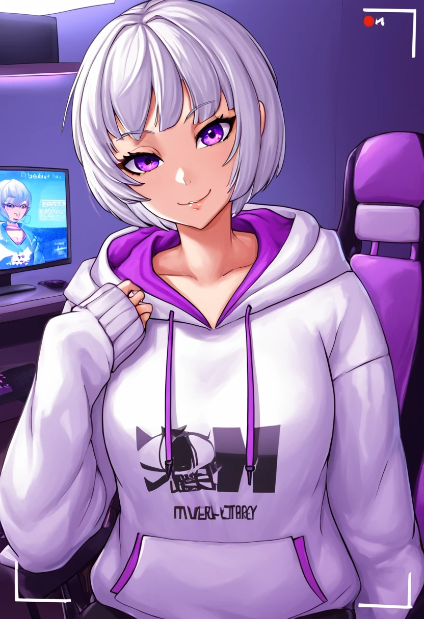 Highly detailed, High Quality, Masterpiece, beautiful, 1girl, solo, mono7DS, hair over one eye, <lora:Char_7DS_Mono:0.8>, CatEarHeadphones, <lora:Outfit_CatEarHeadphones:0.9>, mature female, skindentations, sitting, shiny skin, sweat, computer, hoodie, wearing, hoodie, <lora:Outfit_HoodiesValkyrie:0.75>, smile