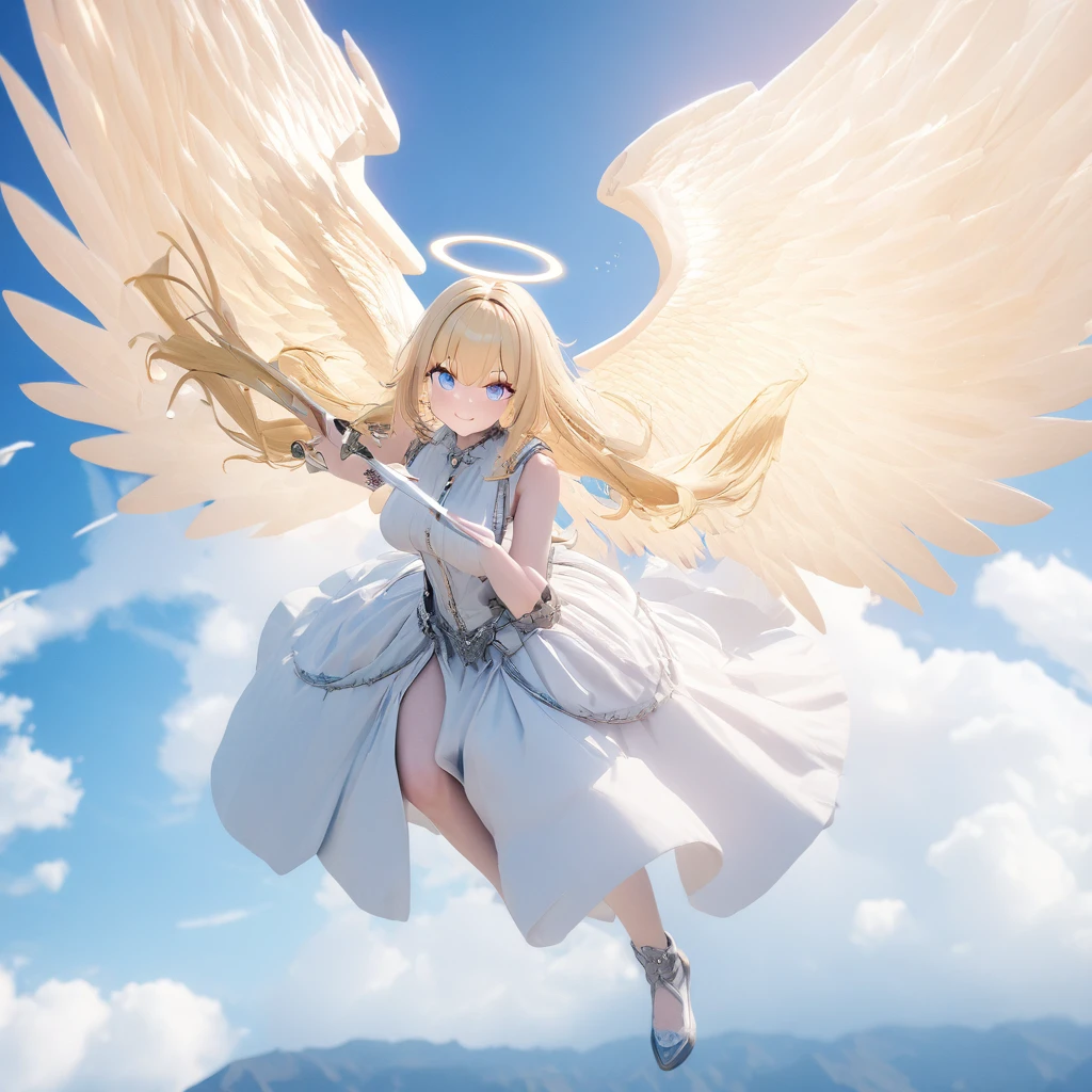 (((8k,masterpiece,Best Quality))), Highly detailed CG composition，Maxi Kit, whole body, Wide Shot,break、(((Cute angel flying in the blue sky))), Fantasy, Big angel wings, ,(blonde:1.6)，眩しいハイライトが入ったblondeの髪、Shiny bright hair, ,Long Hair,,Twin tails、Detailed face，Attractive big blue eyes，Shining beautiful eyes，Charming smile，Beautiful Skin，Lens Flare,Girl with angel wings and sword, Angel Knight Girl,Beautiful angel witch, Highly detailed ArtGerm, Detailed digital 3D art（（Ultra-realistic, Vivid 3D））， Dragon Warrior Girl，Dynamic action poses for battle scenes， Extremely complex and heavy fighter aircraft mechanical armament，Vice President of Lunes,, Single Armor, Decorative blue armor, Armor Dress, （Winged Helmet）, Shoulder rest, Gauntlet, Shin guards,（Wields a giant turquoise energy sword:1.3),Very dramatic and cinematic lighting。Beautifully detailed background, Beautifully detailed background, (In the blue sky above the clouds 1.3), ((Two big, Shining Wings:1.3),(flight:1.5)