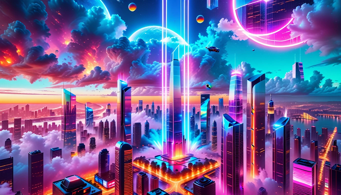 A Masterpiece In 32K Resolution, Supreme Quality, Super Detail, Official Art, Very High-Resolution 32K Wallpaper, Futuristic And Transcendent, Ultra-Detailed Features, Urban Dreamscape. Skyscrapers With Iridescent Surfaces Tower Above A Bustling City, Bathed In Neon Lights And Holographic Displays. Hovering Vehicles Glide Through The Air, While Lush Rooftop Gardens Add A Touch Of Nature To The Urban Landscape. A Radiant Moon Hangs Low In The Sky, Casting A Soft Glow On The Vibrant Streets Below.