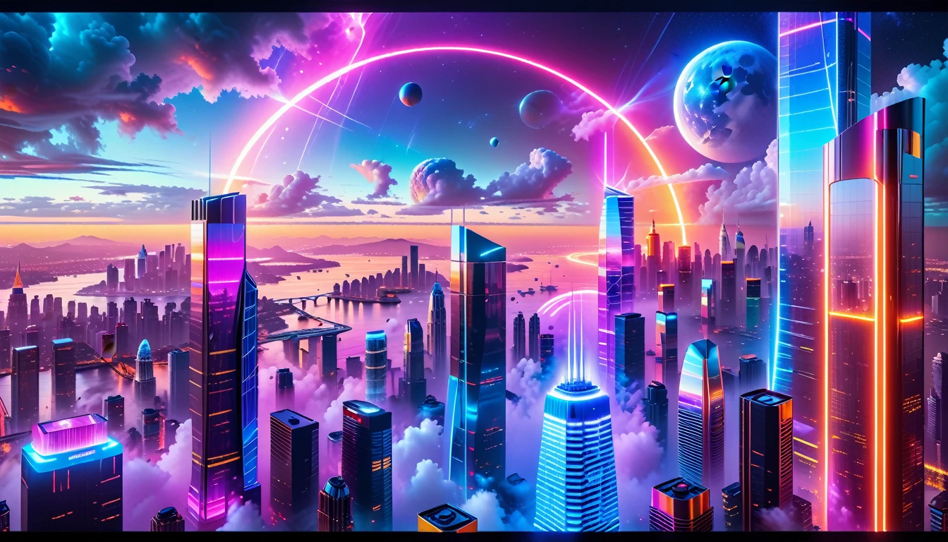 A Masterpiece In 32K Resolution, Supreme Quality, Super Detail, Official Art, Very High-Resolution 32K Wallpaper, Futuristic And Transcendent, Ultra-Detailed Features, Urban Dreamscape. Skyscrapers With Iridescent Surfaces Tower Above A Bustling City, Bathed In Neon Lights And Holographic Displays. Hovering Vehicles Glide Through The Air, While Lush Rooftop Gardens Add A Touch Of Nature To The Urban Landscape. A Radiant Moon Hangs Low In The Sky, Casting A Soft Glow On The Vibrant Streets Below.