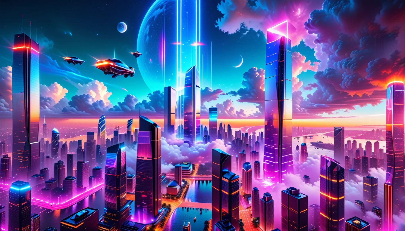 A Masterpiece In 32K Resolution, Supreme Quality, Super Detail, Official Art, Very High-Resolution 32K Wallpaper, Futuristic And Transcendent, Ultra-Detailed Features, Urban Dreamscape. Skyscrapers With Iridescent Surfaces Tower Above A Bustling City, Bathed In Neon Lights And Holographic Displays. Hovering Vehicles Glide Through The Air, While Lush Rooftop Gardens Add A Touch Of Nature To The Urban Landscape. A Radiant Moon Hangs Low In The Sky, Casting A Soft Glow On The Vibrant Streets Below.