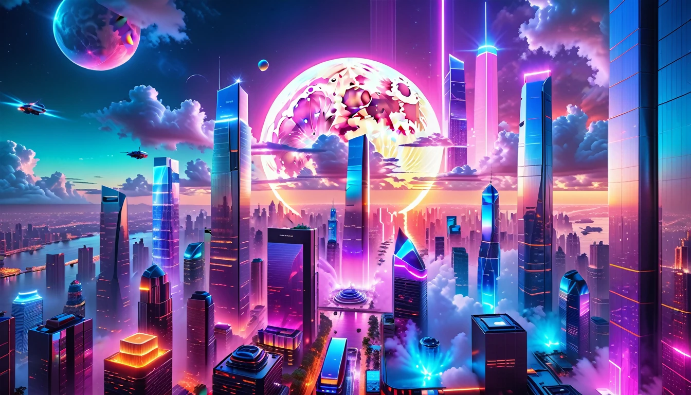 A Masterpiece In 32K Resolution, Supreme Quality, Super Detail, Official Art, Very High-Resolution 32K Wallpaper, Futuristic And Transcendent, Ultra-Detailed Features, Urban Dreamscape. Skyscrapers With Iridescent Surfaces Tower Above A Bustling City, Bathed In Neon Lights And Holographic Displays. Hovering Vehicles Glide Through The Air, While Lush Rooftop Gardens Add A Touch Of Nature To The Urban Landscape. A Radiant Moon Hangs Low In The Sky, Casting A Soft Glow On The Vibrant Streets Below.