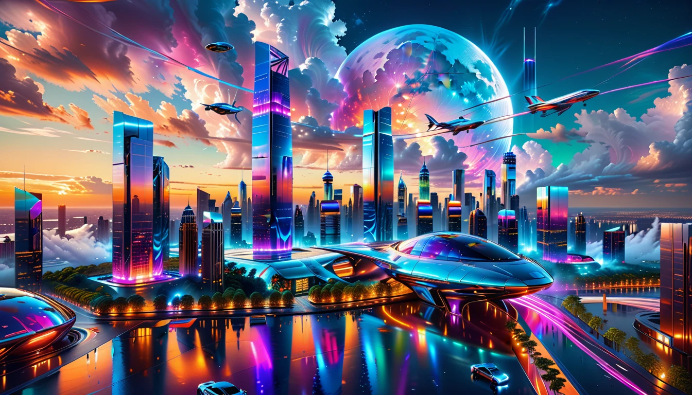 A Masterpiece In 32K Resolution, Supreme Quality, Super Detail, Official Art, Very High-Resolution 32K Wallpaper, Futuristic And Transcendent, Ultra-Detailed Features, Urban Dreamscape. Skyscrapers With Iridescent Surfaces Tower Above A Bustling City, Bathed In Neon Lights And Holographic Displays. Hovering Vehicles Glide Through The Air, While Lush Rooftop Gardens Add A Touch Of Nature To The Urban Landscape. A Radiant Moon Hangs Low In The Sky, Casting A Soft Glow On The Vibrant Streets Below.