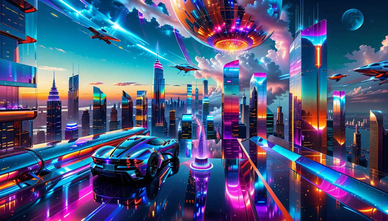 A Masterpiece In 32K Resolution, Supreme Quality, Super Detail, Official Art, Very High-Resolution 32K Wallpaper, Futuristic And Transcendent, Ultra-Detailed Features, Urban Dreamscape. Skyscrapers With Iridescent Surfaces Tower Above A Bustling City, Bathed In Neon Lights And Holographic Displays. Hovering Vehicles Glide Through The Air, While Lush Rooftop Gardens Add A Touch Of Nature To The Urban Landscape. A Radiant Moon Hangs Low In The Sky, Casting A Soft Glow On The Vibrant Streets Below.