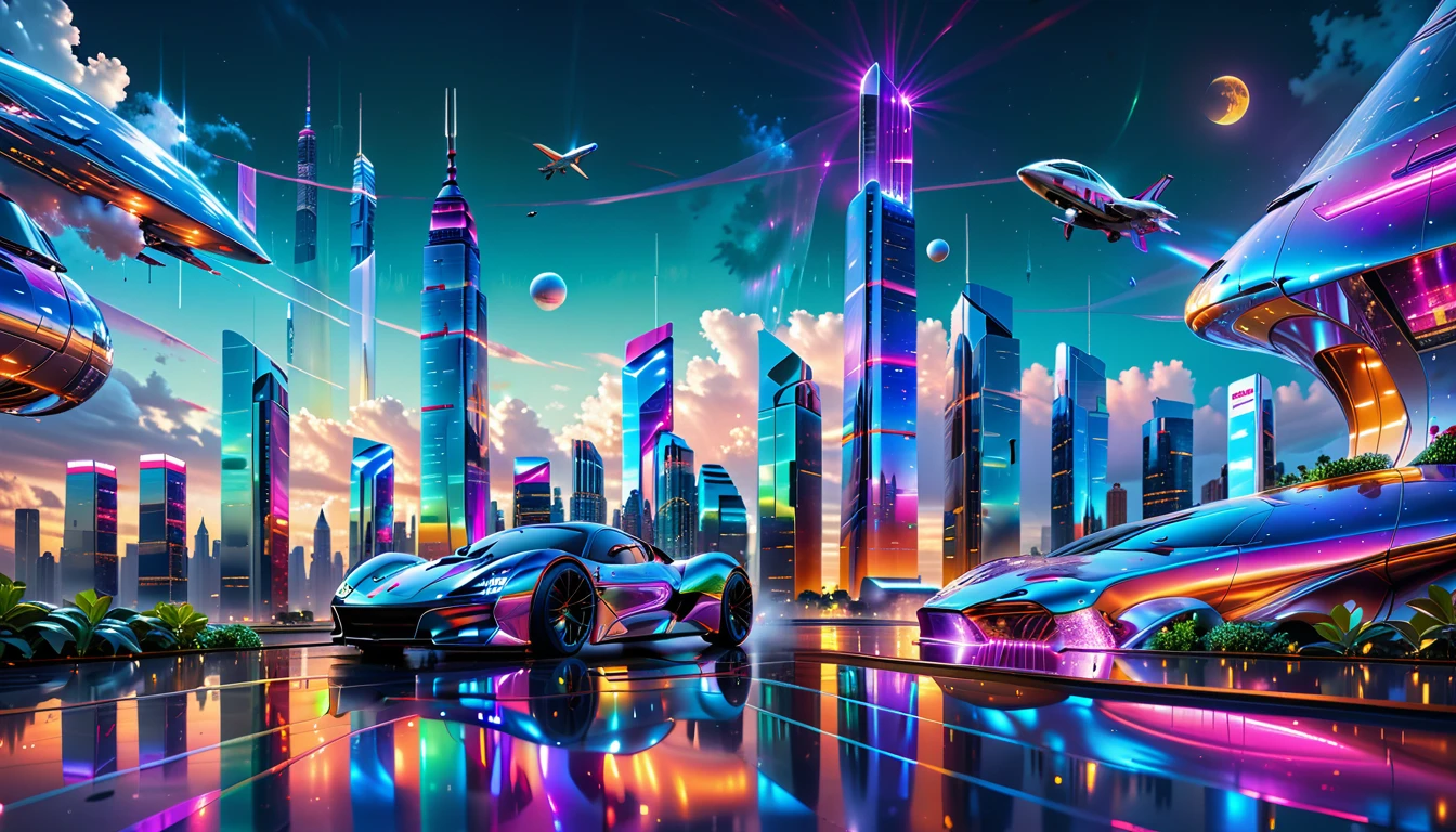 A Masterpiece In 32K Resolution, Supreme Quality, Super Detail, Official Art, Very High-Resolution 32K Wallpaper, Futuristic And Transcendent, Ultra-Detailed Features, Urban Dreamscape. Skyscrapers With Iridescent Surfaces Tower Above A Bustling City, Bathed In Neon Lights And Holographic Displays. Hovering Vehicles Glide Through The Air, While Lush Rooftop Gardens Add A Touch Of Nature To The Urban Landscape. A Radiant Moon Hangs Low In The Sky, Casting A Soft Glow On The Vibrant Streets Below.