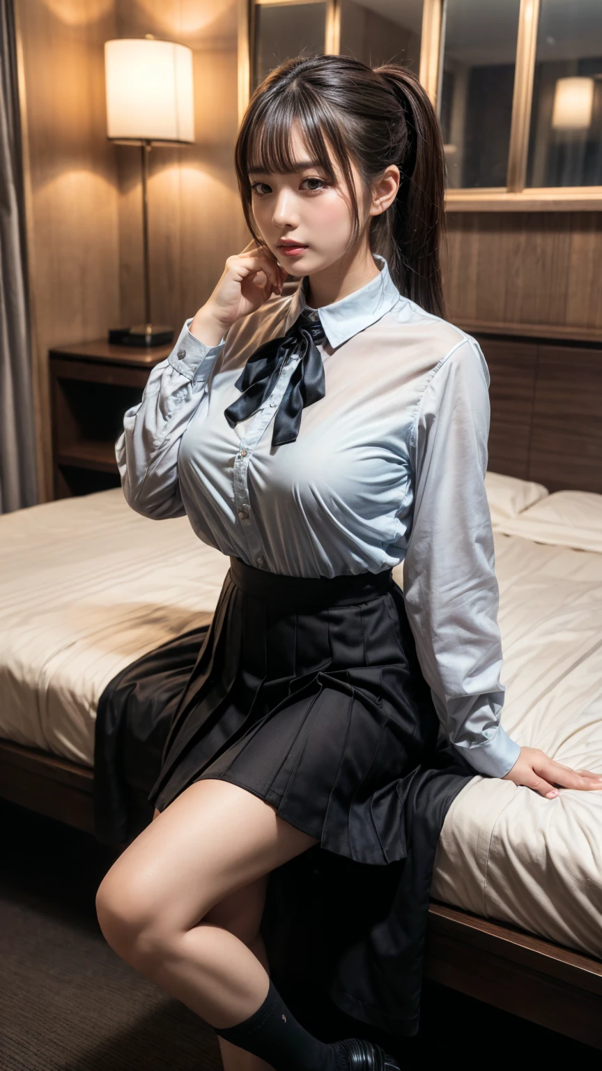 (photoRealstic:1.4)、(hyper realisitic:1.4)、(reallistic:1.3)、(Smooth lighting:1.05)、(Improved cinematic lighting quality:0.9)、32K、RAW best image quality、1womanl、24-year-old business woman、Top angle overlooking the bed、Looking up at the camera in bed、Realistic lighting、back lighting、Facial Lights、Ray tracing、(brightened light:1.2)、(Quality improvement:1.4)、(Realistic textured skin of the highest quality:1.4)、fine detailed eyes、A detailed face、Fine quality eye、Dark brown eyes、(Tired, sleepy and satisfied: 0.0)、White blouses、Dark blue tight skirt with a slit on the side without any fitting frills、dark brown hair、Pure white silk socks、Black Strap Pumps、(White silk socks with shiny sleek fabric:1.5)、dark brown hair、(lyin in bed:1.4)、toward to the camera、Open your legs、(full bodyesbian:1)、Woman Standing Alone In Library、Highest quality printouts