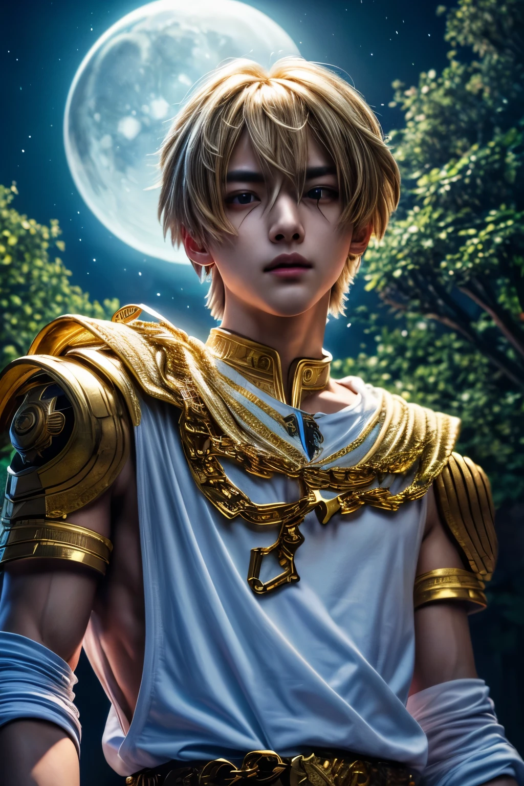 1boy, masterpiece, realistic, absurdres, best quality, high resolution, (Kurapika:1.3), japanese boy, very handsome, perfect face, cute face, intricate detail, clear and beautiful detailed eyes, messy blonde short hair, shiny hair, bangs, blue tabard, white shirt, gold trim, holdig a chain, chains flying, slim muscular, handsome muscle, detailed skin, perfect hand, good anatomy, looking at camera, action scene, dynamic pose, fantasy, night, tree, Moonlight at night, wilderness, flowers, skynight, studio lighting, soft light, upper body portrait, front view, Professional photography, 8K UHD,