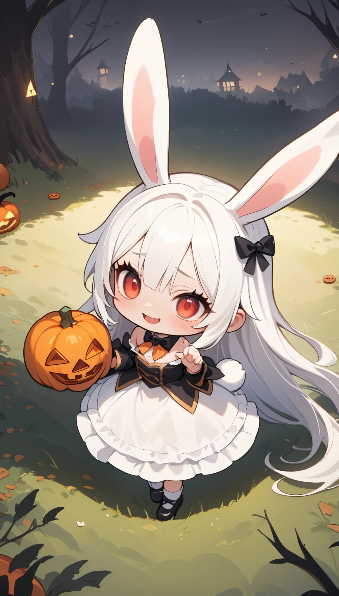 
(solo:1.2),1girl\((chibi:1.6),cute,kawaii,small kid,(white hair:1.7),(very long hair:1.7),bangs,(ear\(fluffy white bunny-ear\):1.4),(1 bunny tail:1.3),(red eye),big eye,beautiful shiny eye,skin color white,big hairbow,(white frilled dress:1.3),breast, (wearing jack-o'-lantern:1.4,evil smile)\), BREAK ,background\(dark woods, dead trees, horror mood, Halloween night\), BREAK ,quality\(masterpiece, best quality,8k,wallpaper of extremely detailed CG unit, high resolution, top-quality, top-quality real texture skin, hyper realistic, increase the resolution, RAW photos, best quality, highly detailed, the wallpaper,golden ratio,high saturation realism, vibrant colors, dramatic lighting, persuasive storytelling, atmospheric scenery, captivating visuals, intricate details, strong emotions,dreamlike world\),(from above:1.3),landscape