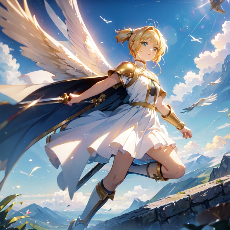 (((8k,masterpiece,Best Quality))), Highly detailed CG composition，Maxi Kit, whole body, Wide Shot,break、(((Cute angel flying in the blue sky))), Fantasy, Big angel wings, ,(blonde:1.6)，眩しいハイライトが入ったblondeの髪、Shiny bright hair, ,Long Hair,,Twin tails、Detailed face，Attractive big blue eyes，Shining beautiful eyes，Charming smile，Beautiful Skin，Lens Flare,Girl with angel wings and sword, Angel Knight Girl,Beautiful angel witch, Highly detailed ArtGerm, Detailed digital 3D art（（Ultra-realistic, Vivid 3D））， Dragon Warrior Girl，Dynamic action poses for battle scenes， Extremely complex and heavy fighter aircraft mechanical armament，Vice President of Lunes,, Single Armor, Decorative blue armor, Armor Dress, （Winged Helmet）, Shoulder rest, Gauntlet, Shin guards,（Wields a giant turquoise energy sword:1.3),Very dramatic and cinematic lighting。Beautifully detailed background, Beautifully detailed background, (In the blue sky above the clouds 1.3), ((Two big, Shining Wings:1.3),(flight:1.5)