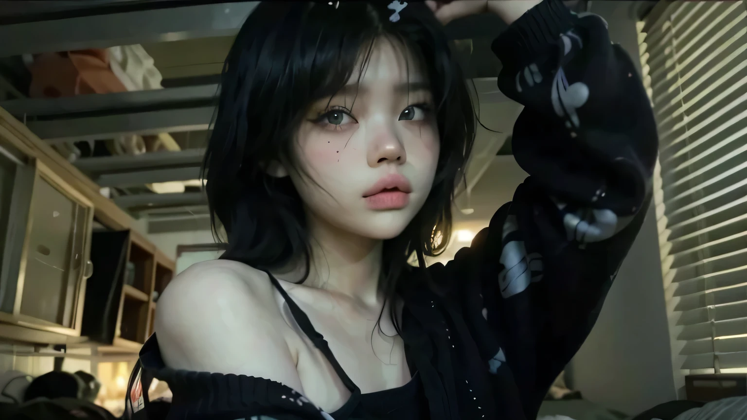 Ulzzang, coreana, kawaii realista portrait, cruel korean goth girl, Jennie, Kim Jennie, Blackpink, Hanni, NewJeans, Doll face, Fox eyes, Short Hair, Black hair, Korean, Asian, Pretty, Lady, Big eyes, White skin, Cool tone, Siren eyes.